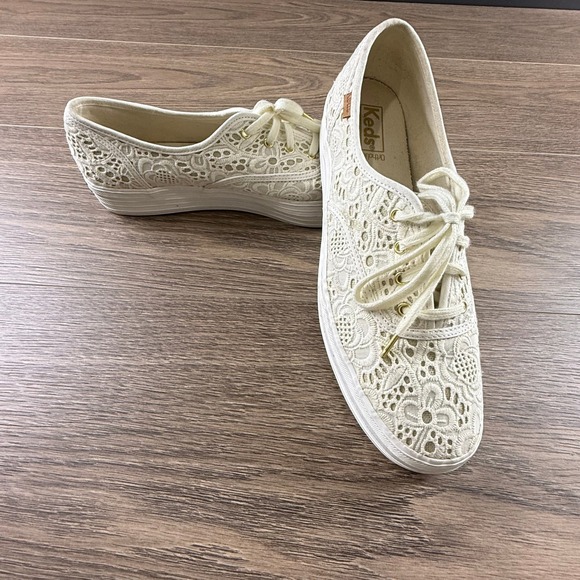 Keds Shoes - Keds Triple Lace Up Sneakers Cream Crochet Eyelet Floral Platform Low Top Shoes